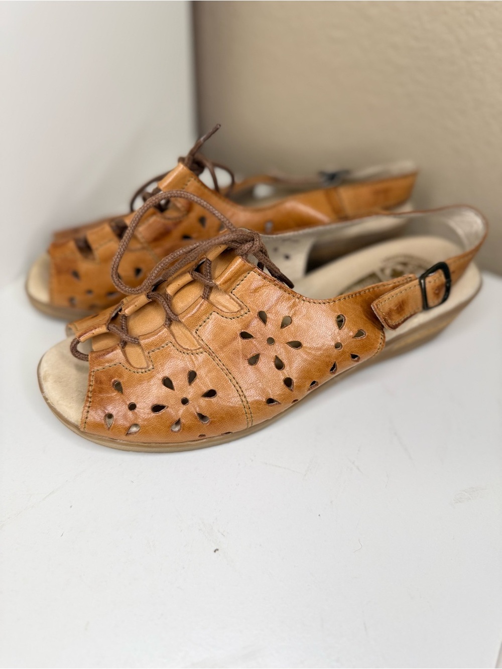 Vintage Worishofer West Germany Tan Leather Lace Up Wedge Sandals EU 37 Boho - Picture 6 of 8